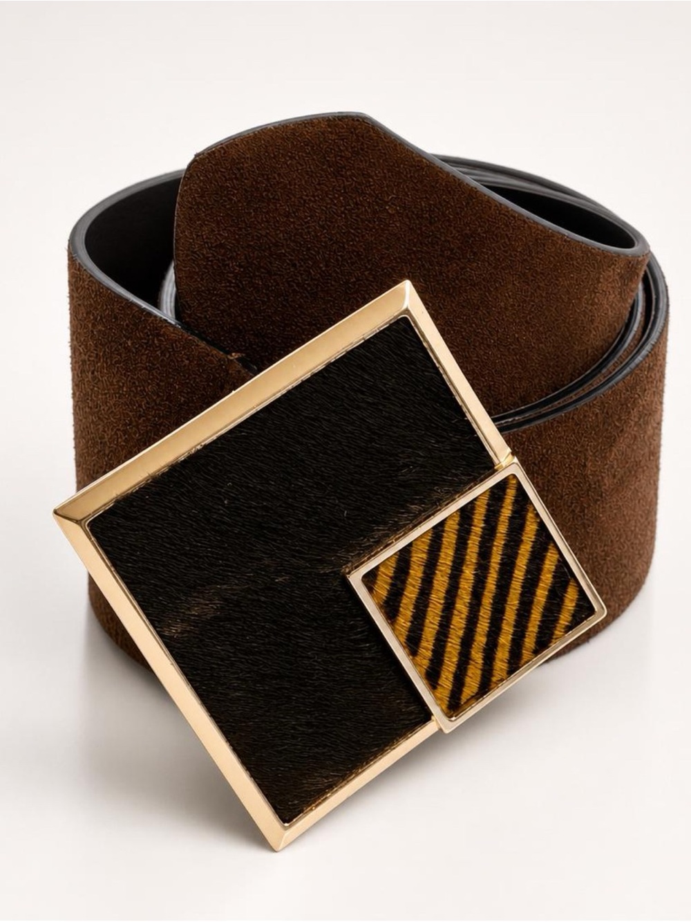 Martina Mori Brown Suede Belt, Geometric Ponyhair Buckle, S, 28-32”L, 2.25W, EUC
